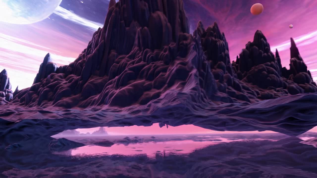Surreal sci-fi landscape with jagged mountains and a reflective lake, viewed from a low angle