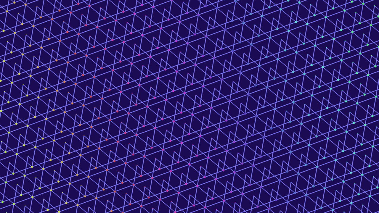 Animated abstract technology background with diagonal grid, neon gradient lines and glowing nodes on dark blue. Futuristic data network pattern for digital interface design