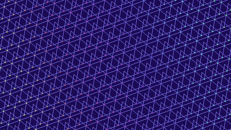 Animeret abstrakt teknologibaggrund med diagonalt gitter, neongradientlinjer og glødende noder på mørkeblå. Futuristisk datanetværksmønster til digitalt interface-design.