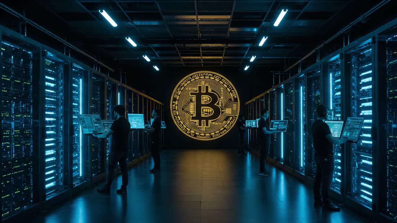 Exploring the High-Tech Environment of Cryptocurrency Mining: An Inside Look at a Bitcoin Mining Facility with Advanced Server Racks and Digital Infrastructure