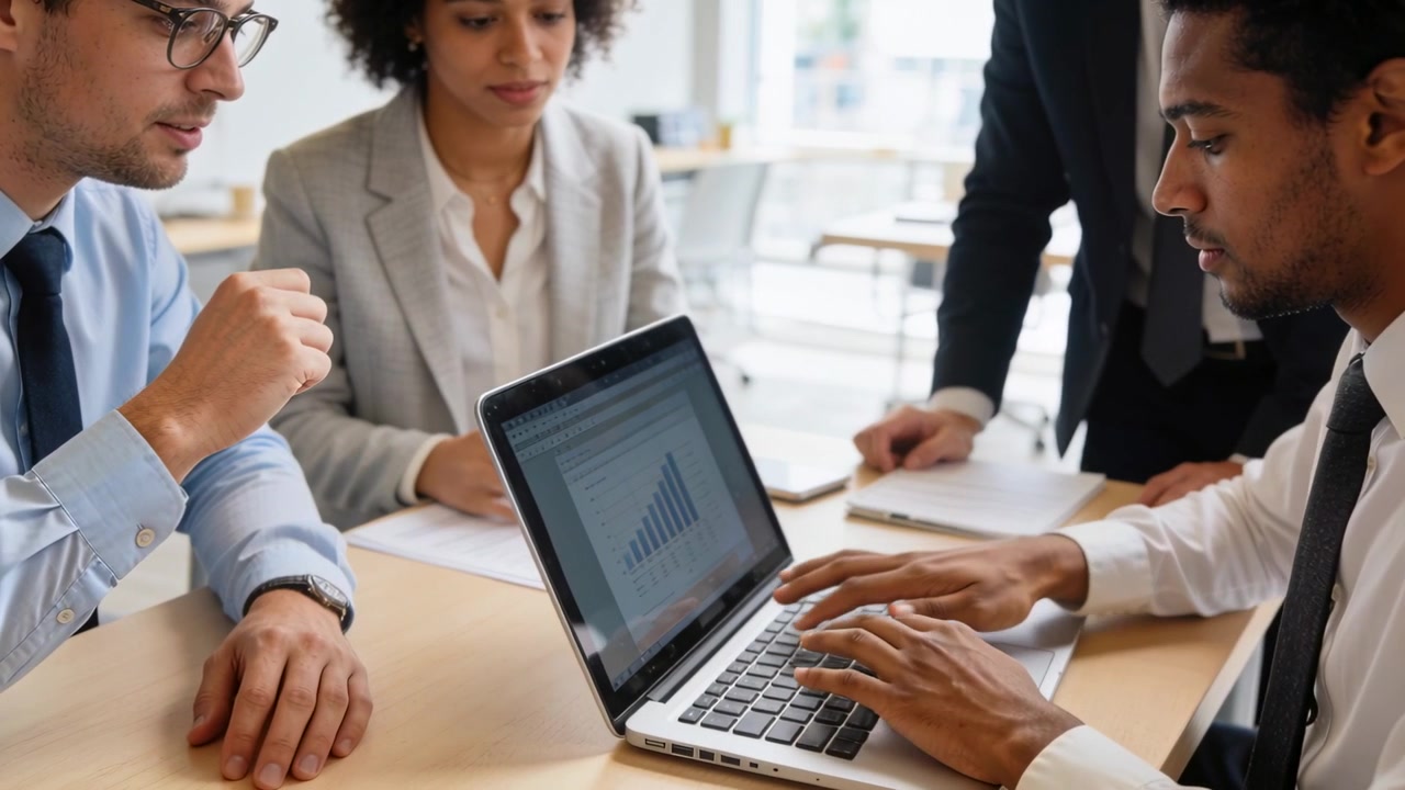 Pointing man in suit causing seated colleague typing at office table, reviewing laptop chart