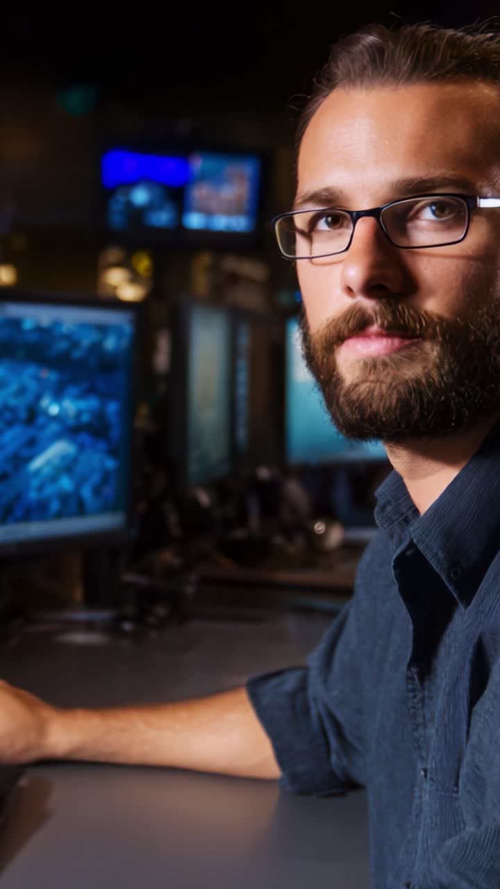 Focused Professional Analyzes Data at a Computer Desk Surrounded by Multiple Monitors with a Serious Expression in a Dimly Lit Office Environment