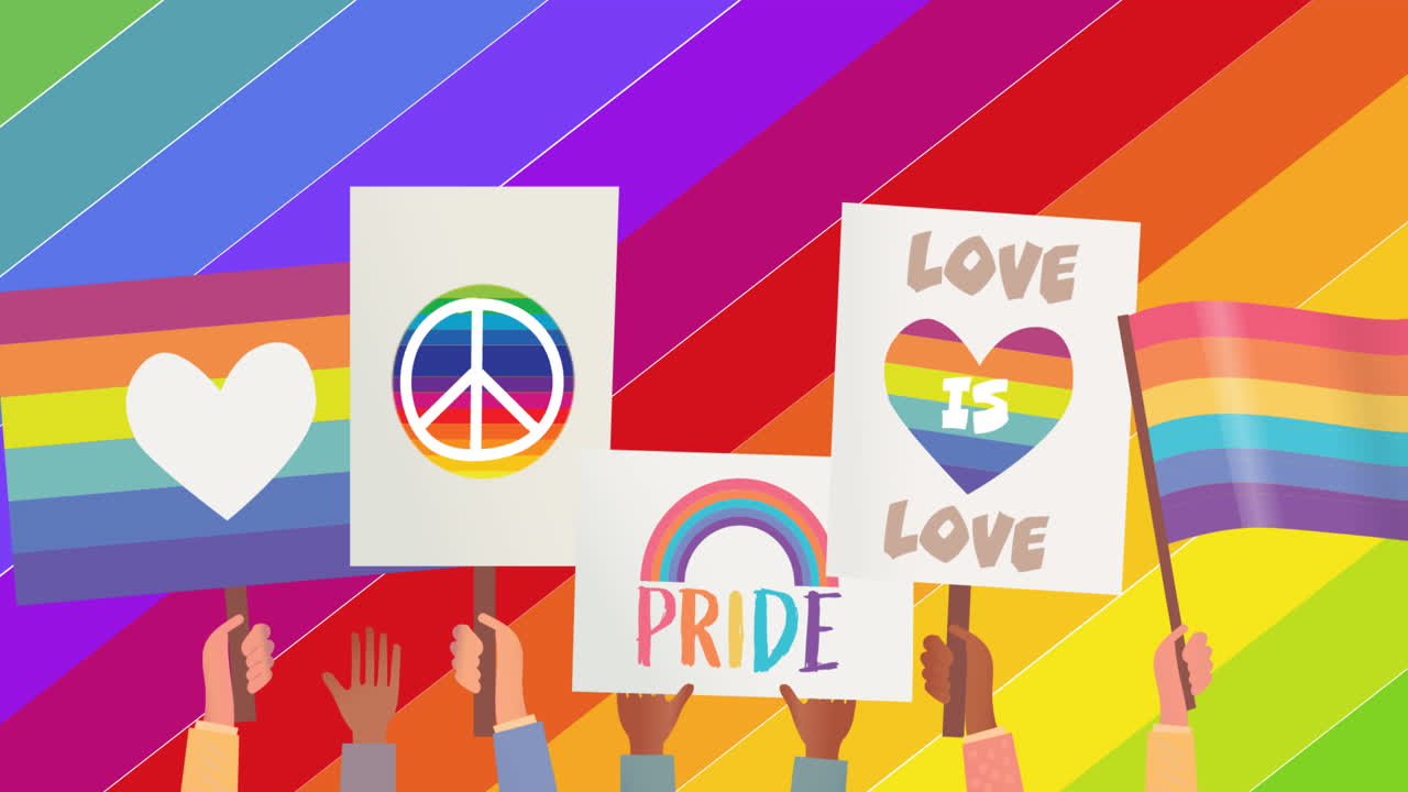 animación de personas que sostienen carteles lqbtq sobre rayas de arco iris