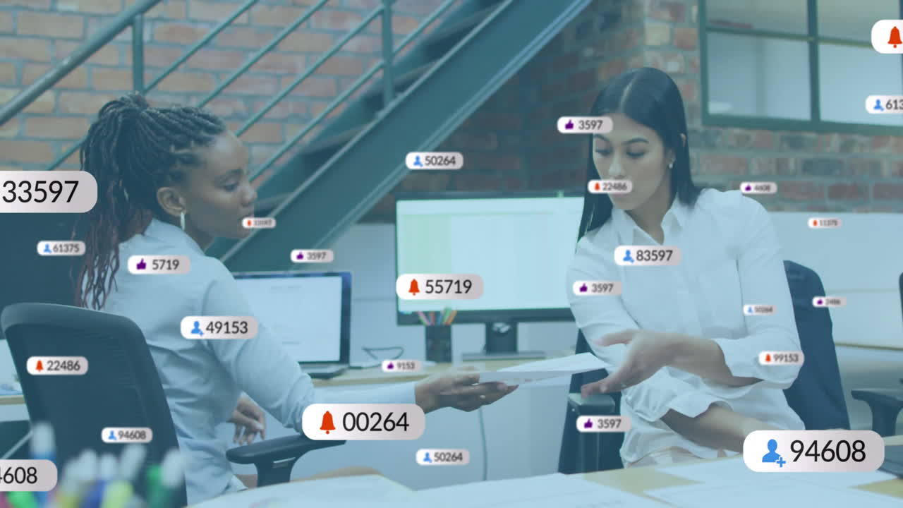 Exchanging documents, businesswomen in office with social media notifications animation