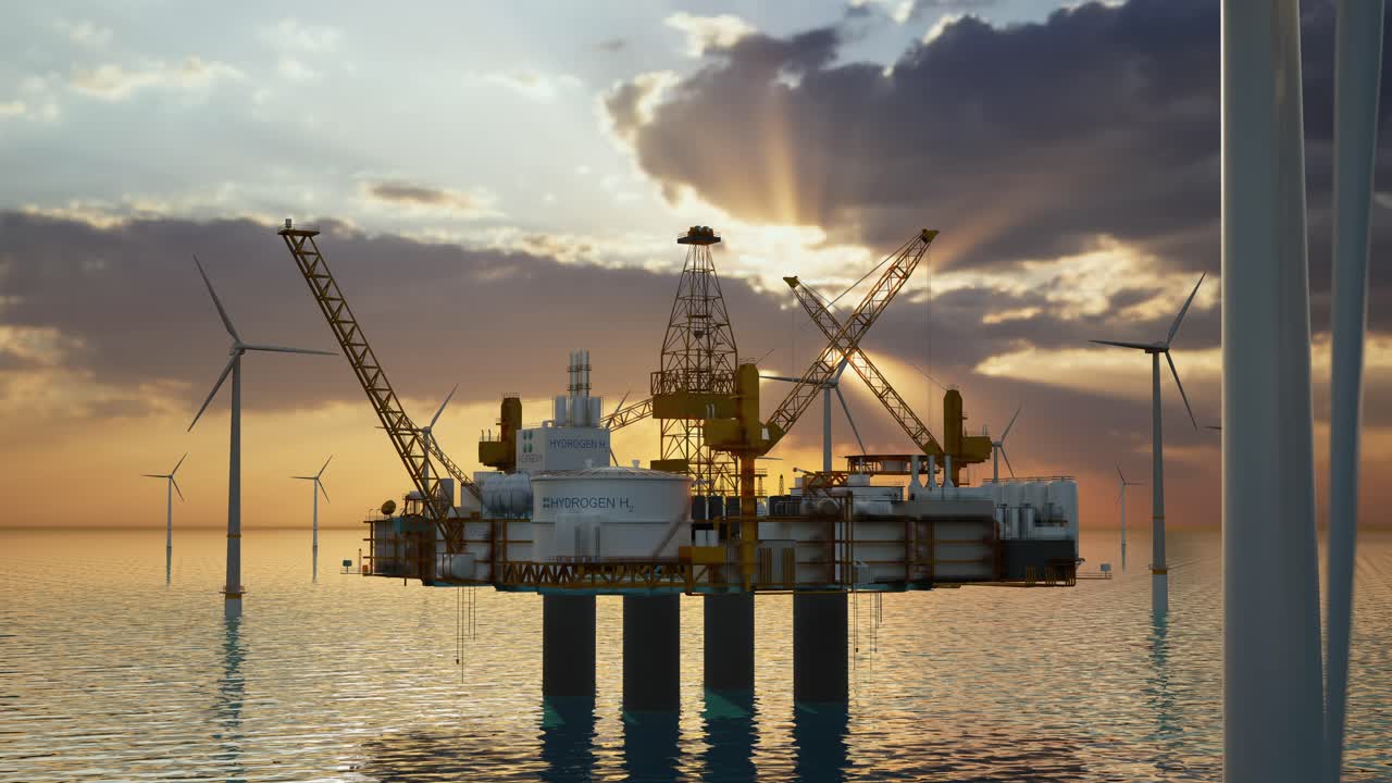 Hydrogen Renewable Offshore Energy Production, Hydrogen Gas For Clean Electricity Solar And Wind Turbine Facility. 3D Rendering