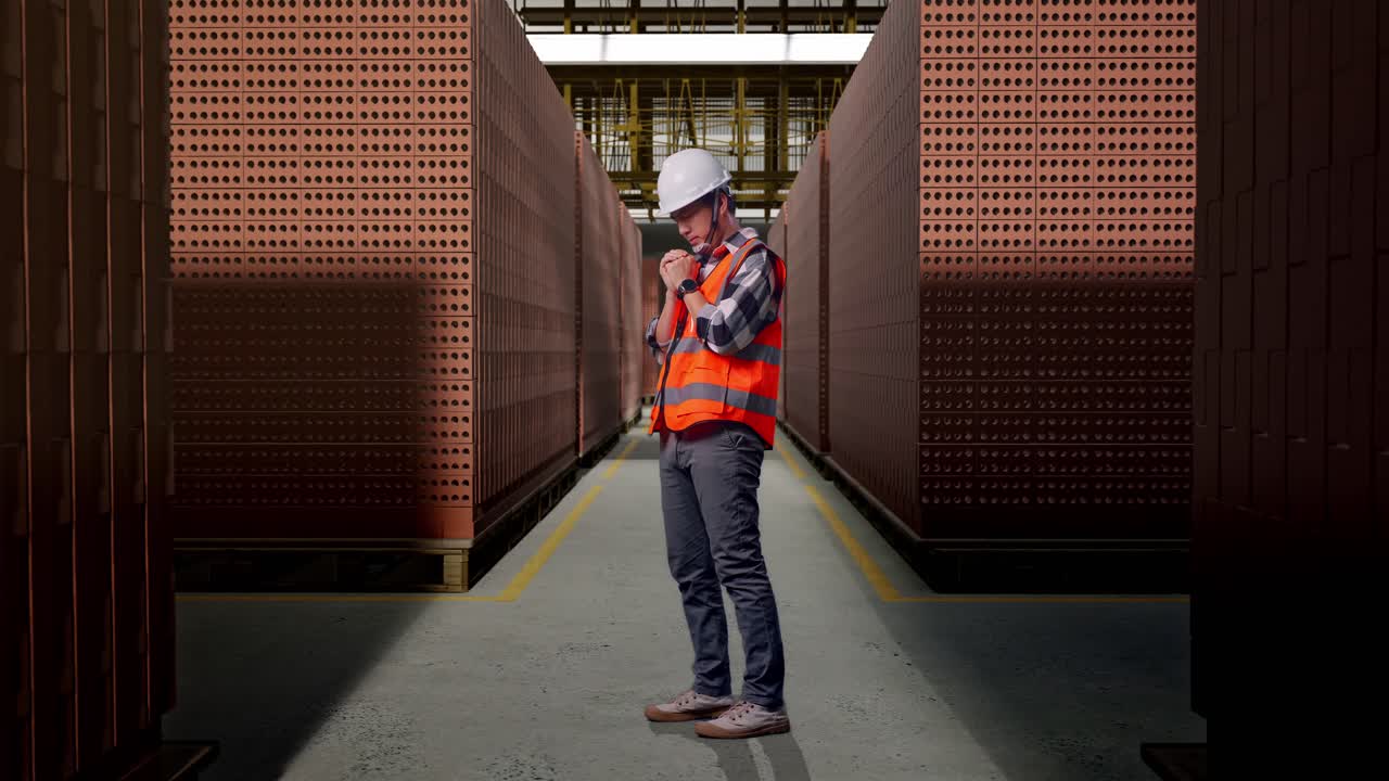 Full Body Side View Of Asian Male Engineer With Safety Helmet Pray For Something While Standing With Red Brick Packed in Stacks Are Stored
