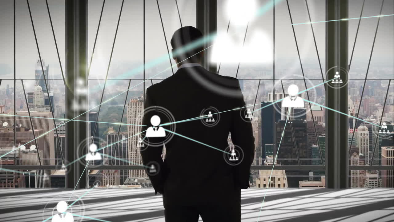 Network of connections animation over businessman looking at cityscape through window