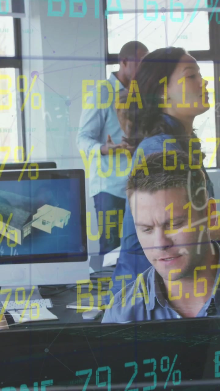 Stock market data processing against businesspeople working at modern office