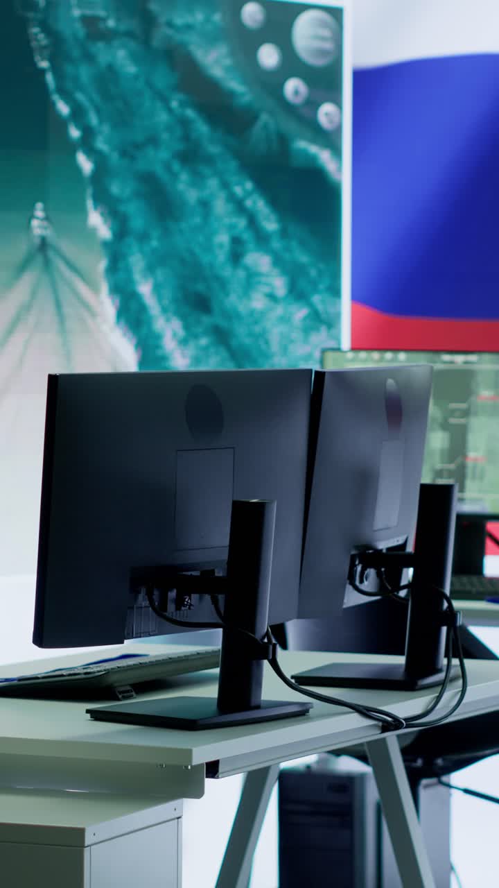 Vertical Video Empty army command post with the russian flag running on big screen