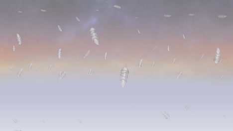 animación de plumas de pájaros blancos cayendo sobre el fondo nublado del atardecer