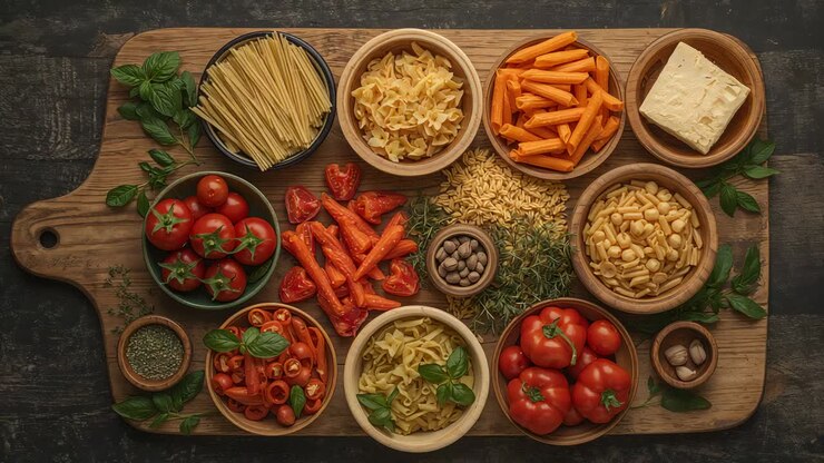 Sequenza di cinque inquadrature principali della camera in studio, che mostrano una tavola con pasta e pomodori per lo styling