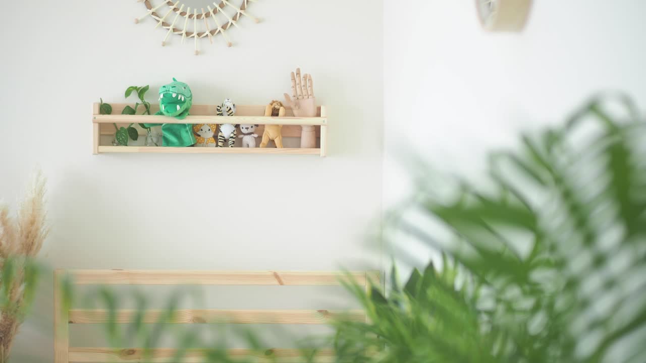 Minimalist Room Decor with Wooden Shelf, Stuffed Animals, and Plants