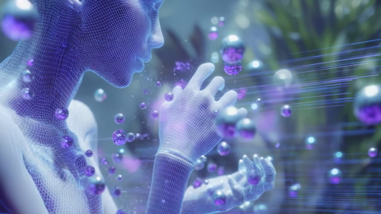A Stunning Representation of a Futuristic, Ethereal Being: Capturing the Essence of Innovation with a 3D Wireframe Character Surrounded by Enchanting Light Orbs and Organic Elements