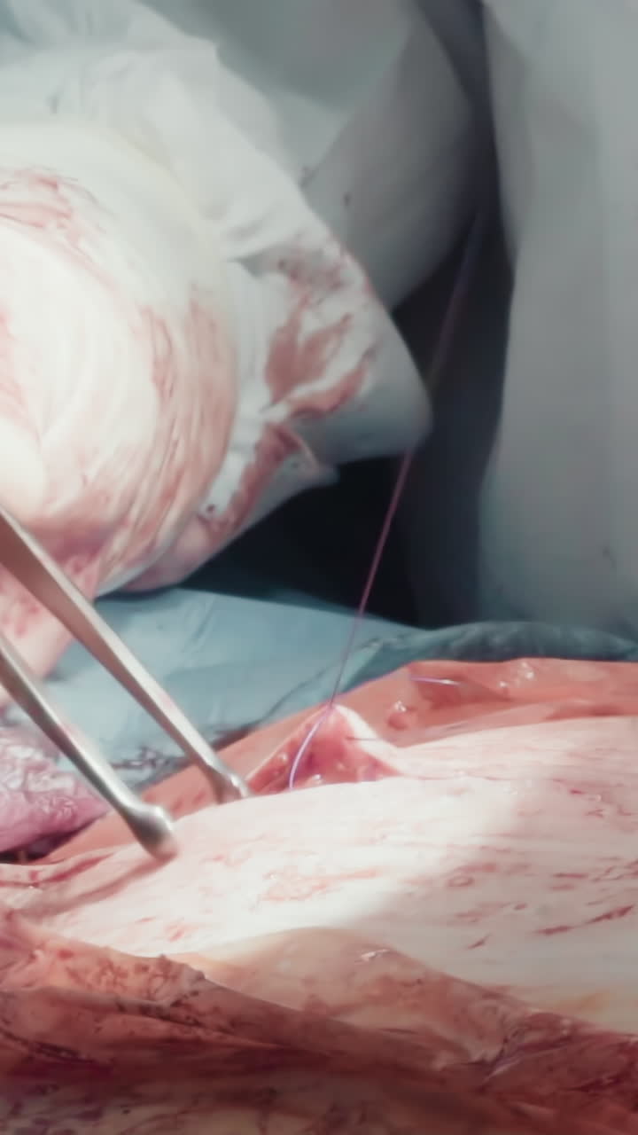Doctor uses needle holders closing cut. Experienced cardiothoracic surgeon connects skin parts with sutures after coronary artery bypass surgery