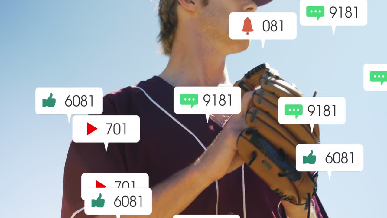 장갑과 공을 가진 백인 남성 야구 선수에 대한 여러 알림 바의 애니메이션