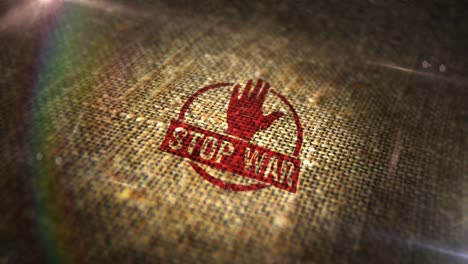 animación de stop war en el sello de la guerra en el saco de lino