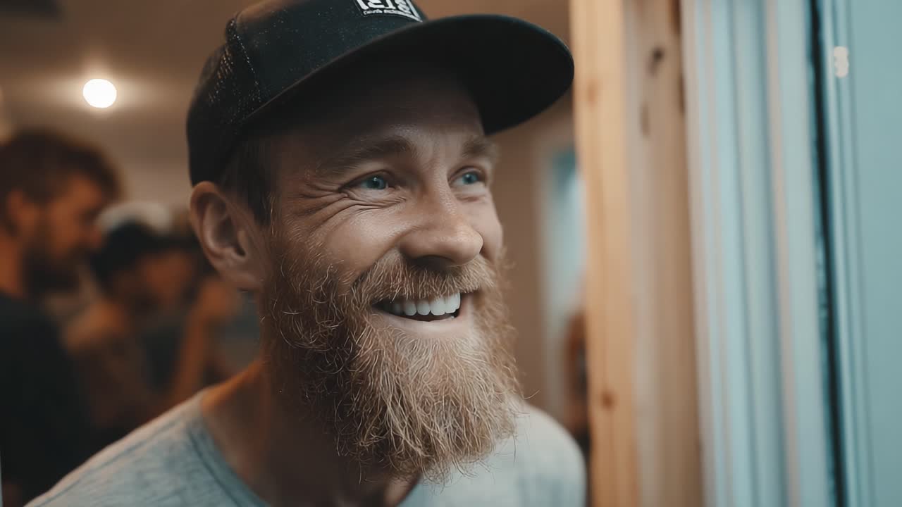 A joyful moment captured as a man with a full beard and a hat shares a smile while looking out through a window, embodying happiness and connection in a lively atmosphere