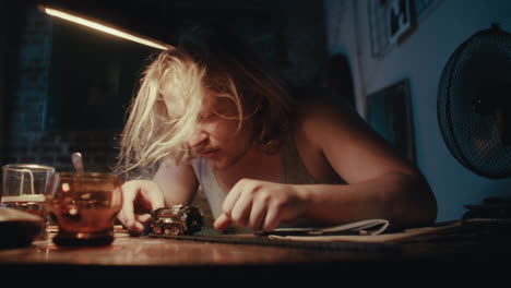 man playing with a toy train in a dimly lit room