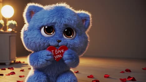 charming blue fluffy creature sitting on a wooden floor, holding a red heart inscribed with i love you in a cozy, warmly lit room surrounded by rose petals