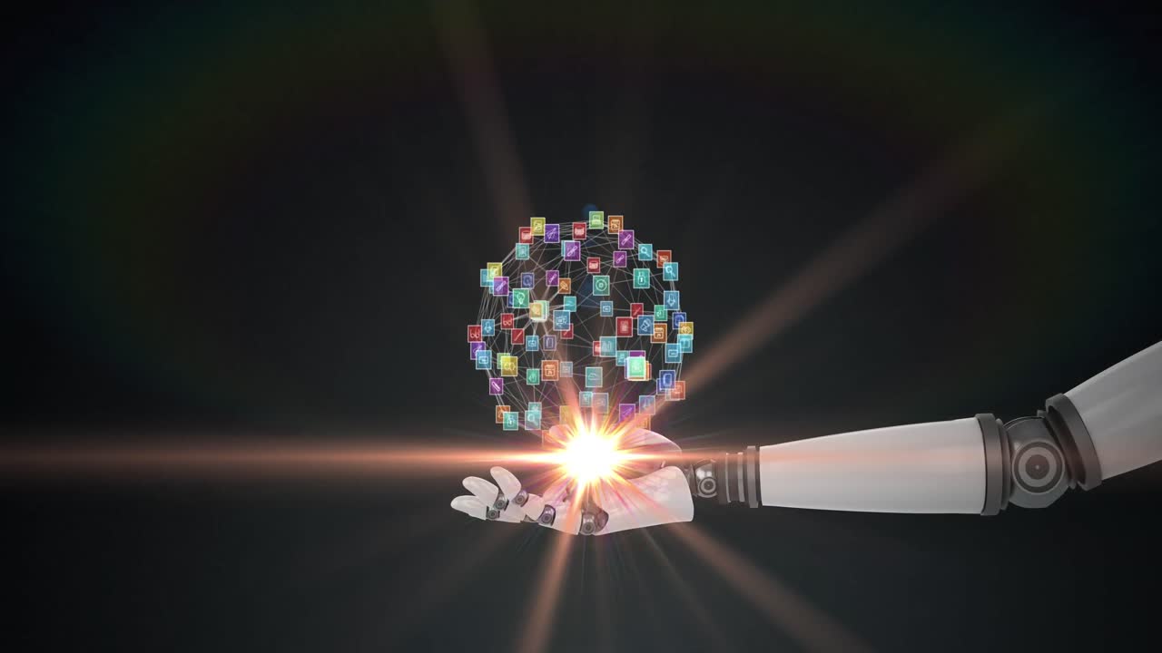 어두운 배경에 움직이는 빛으로 로 ⁇  팔의 손 위에 미디어 아이콘 네트워크의 애니메이션