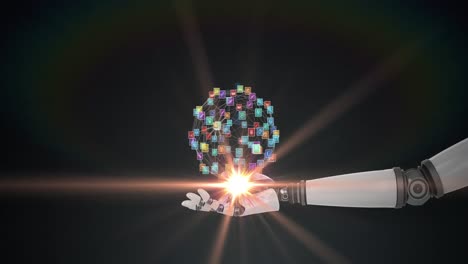 animación de una red de iconos de medios sobre la mano del brazo del robot, con luz en movimiento sobre un fondo oscuro