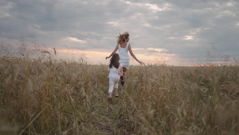 follow :daughter and mother dream together run in the wheat field at sunset. happy family people in the wheat field concept. mom and girl playing catch-up run. baby child fun running in green meadow.