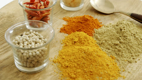 Various spices on wooden board with spoon 4k