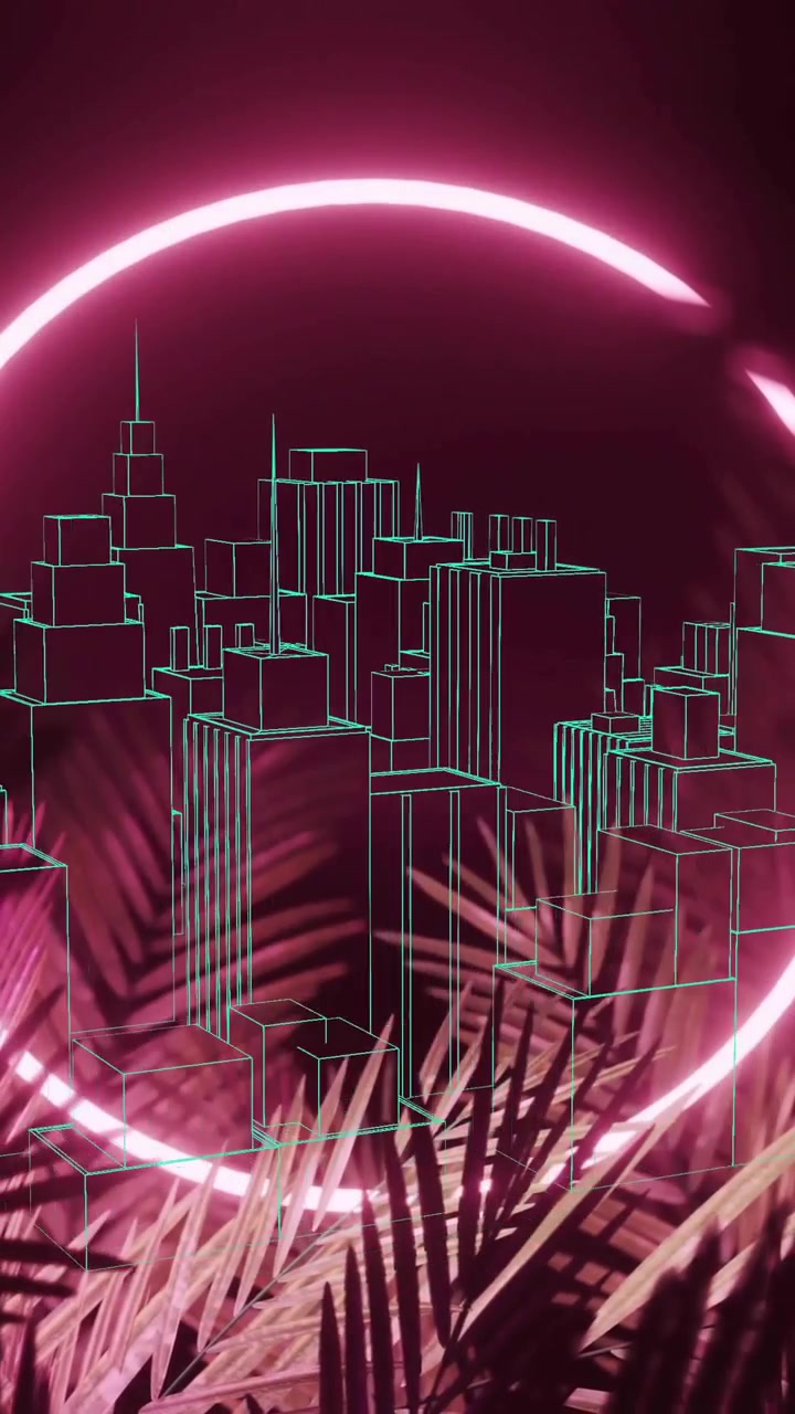 Animação de paisagem urbana neon sobre folhas de palmeira com círculo brilhante ao fundo