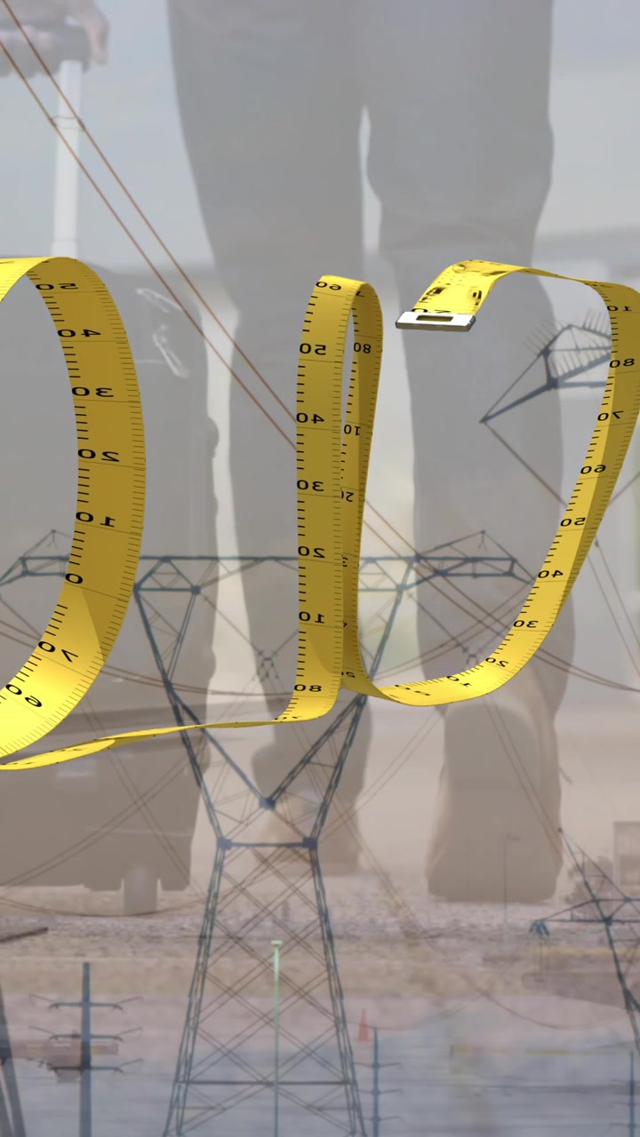 Animazione del numero 2000 formato da un metro a nastro su un uomo d'affari con valigetta e tralicci elettrici.