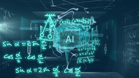 animation of human brain, ai text and mathematical data processing