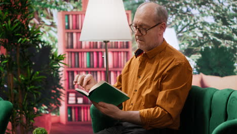 elderly man reading a book sitting alone in his lounge area at home