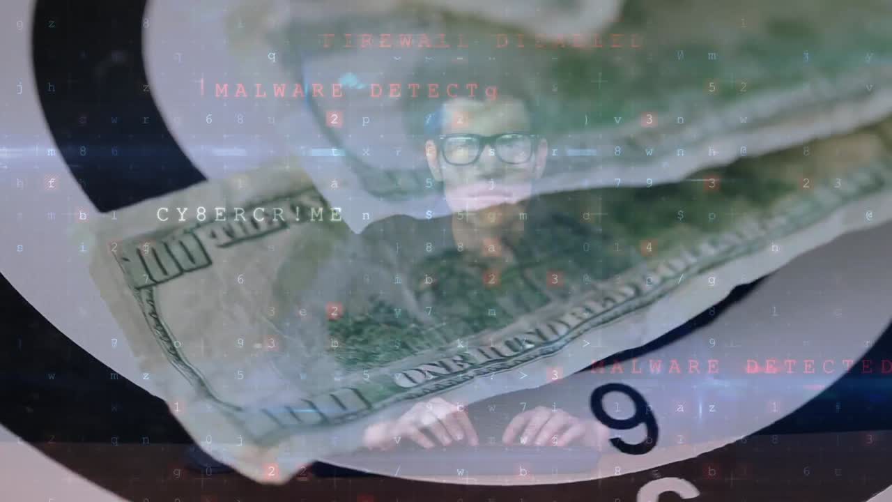 컴퓨터와 지폐를 사용하여 사람 위에 움직이는 데이터 처리의 애니메이션