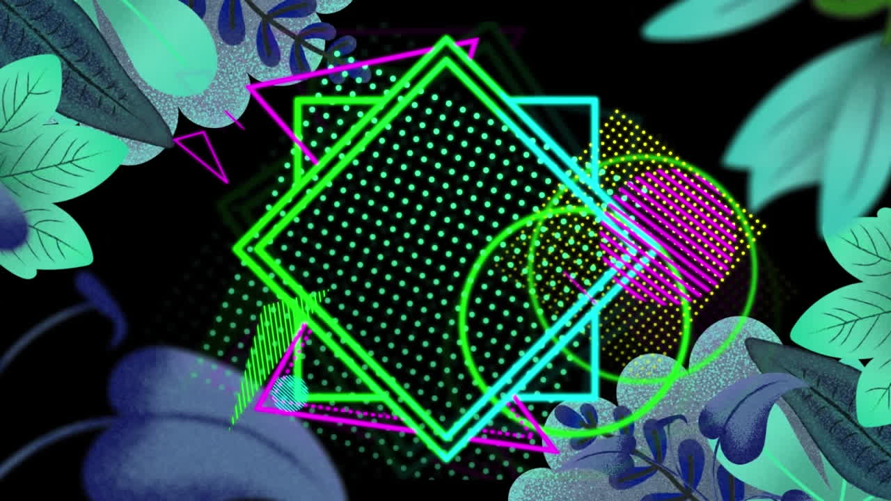 Animazione di forme neon multicolori che si muovono su foglie su sfondo nero