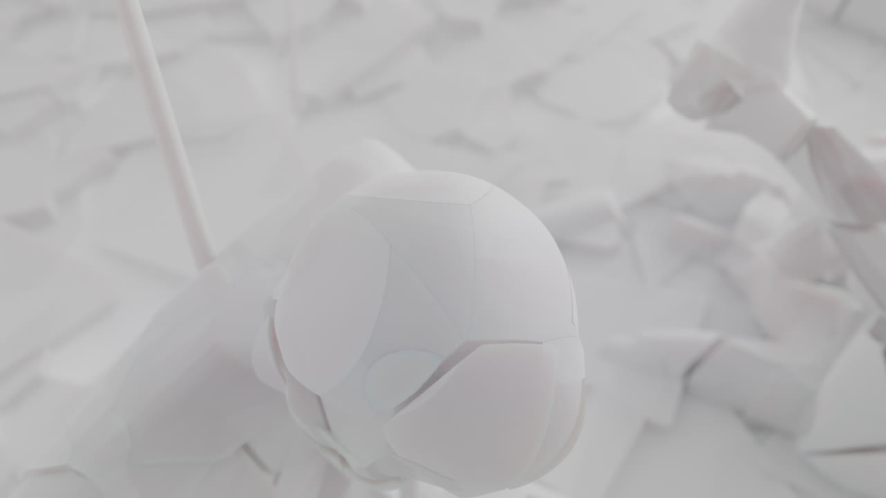 Crushed android shells on spikes on a foggy, white junkyard