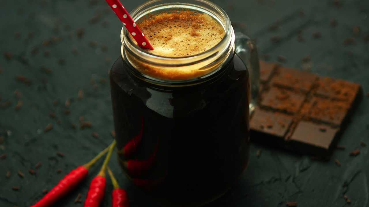 머그잔과 초콜릿에 담긴 음료