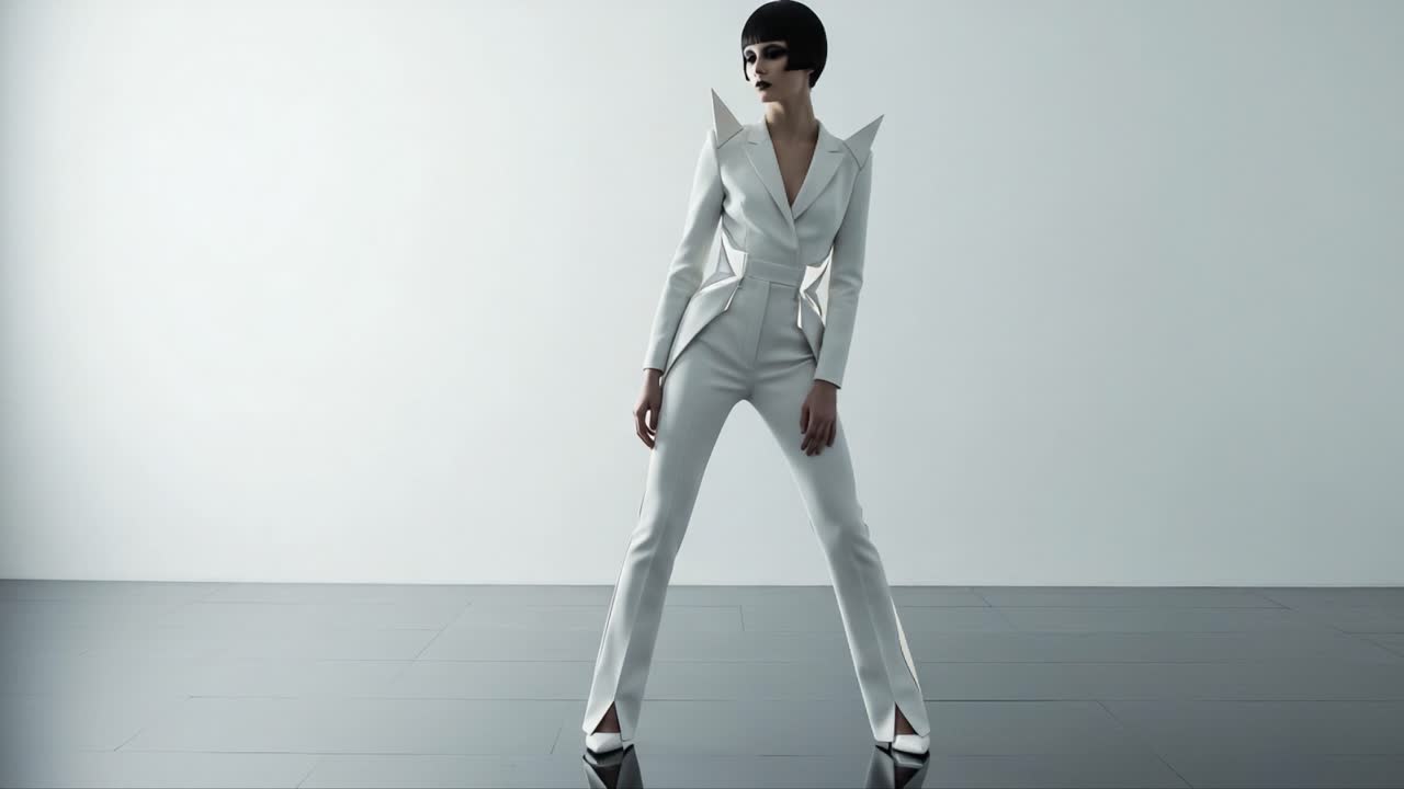 A Fashion Model Showcases a Striking Modern Attire with Sharp Shoulders and Sleek Silhouette in a Minimalist Environment, Radiating Confidence and Style
