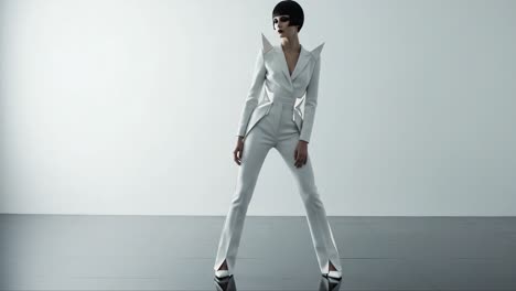 a fashion model showcases a striking modern attire with sharp shoulders and sleek silhouette in a minimalist environment, radiating confidence and style