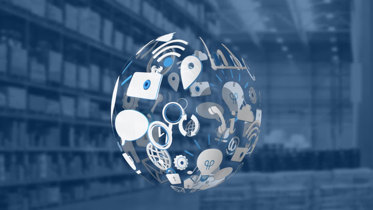 animación del globo con iconos digitales sobre el almacén