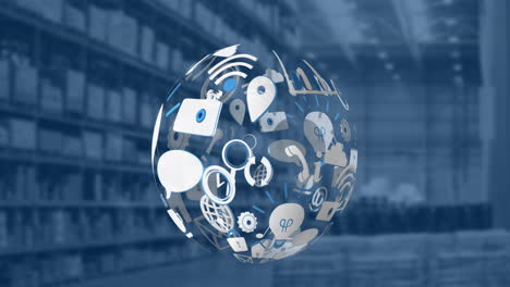 animación del globo con iconos digitales sobre el almacén