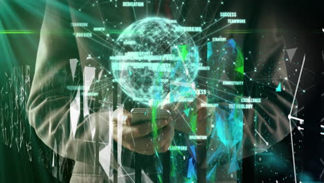 girar el globo y la pantalla de las redes de plexus contra la sección media del hombre de negocios que usa un teléfono inteligente