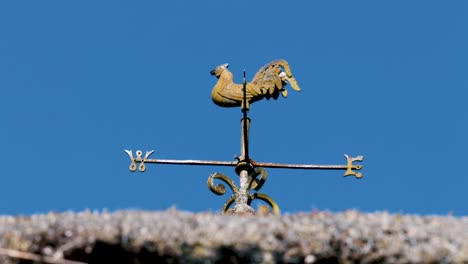 iron rooster weather vane with compass on top of thatched roof