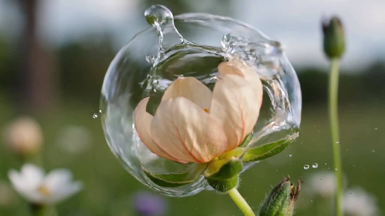 Bolla di sapone che fluttua nell'inquadratura, tocca un bocciolo, si rompe spruzzando goccioline, rivelando un fiore in macro.