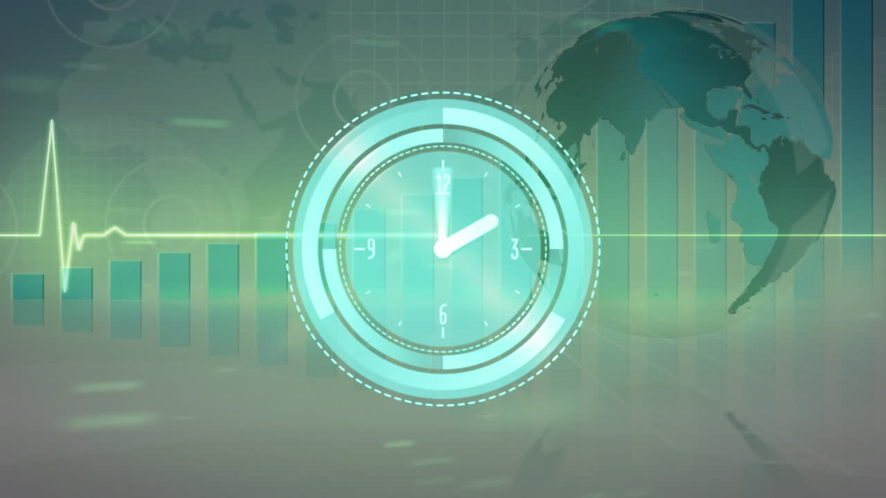 Animazione di orologio in rapido movimento, globo su elaborazione dati finanziari