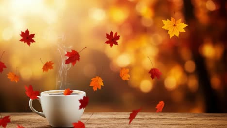 steaming hot coffee with falling autumn leaves