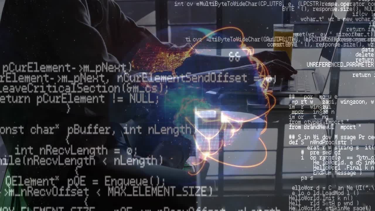 Animation of data processing and globe over man using laptop