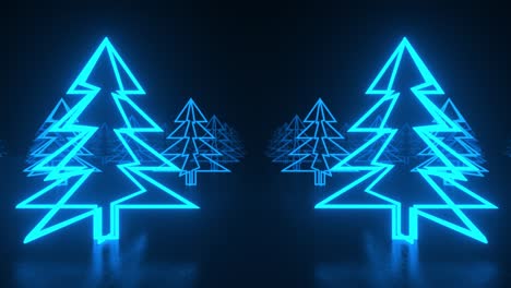 christmas trees, blue neon glow icon on darkness black background. sideways movement to the right, parallax effect. abstract winter holiday concept. vj christmas concept. 3d loop animation of 4k