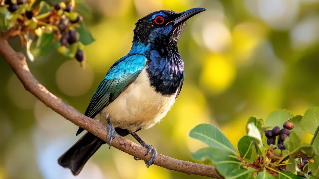 Close-up video still of a vibrant bird perched on a branch, captured at eye level