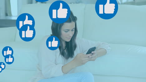 using smartphone, woman surrounded by blue thumbs-up icons, social media animation