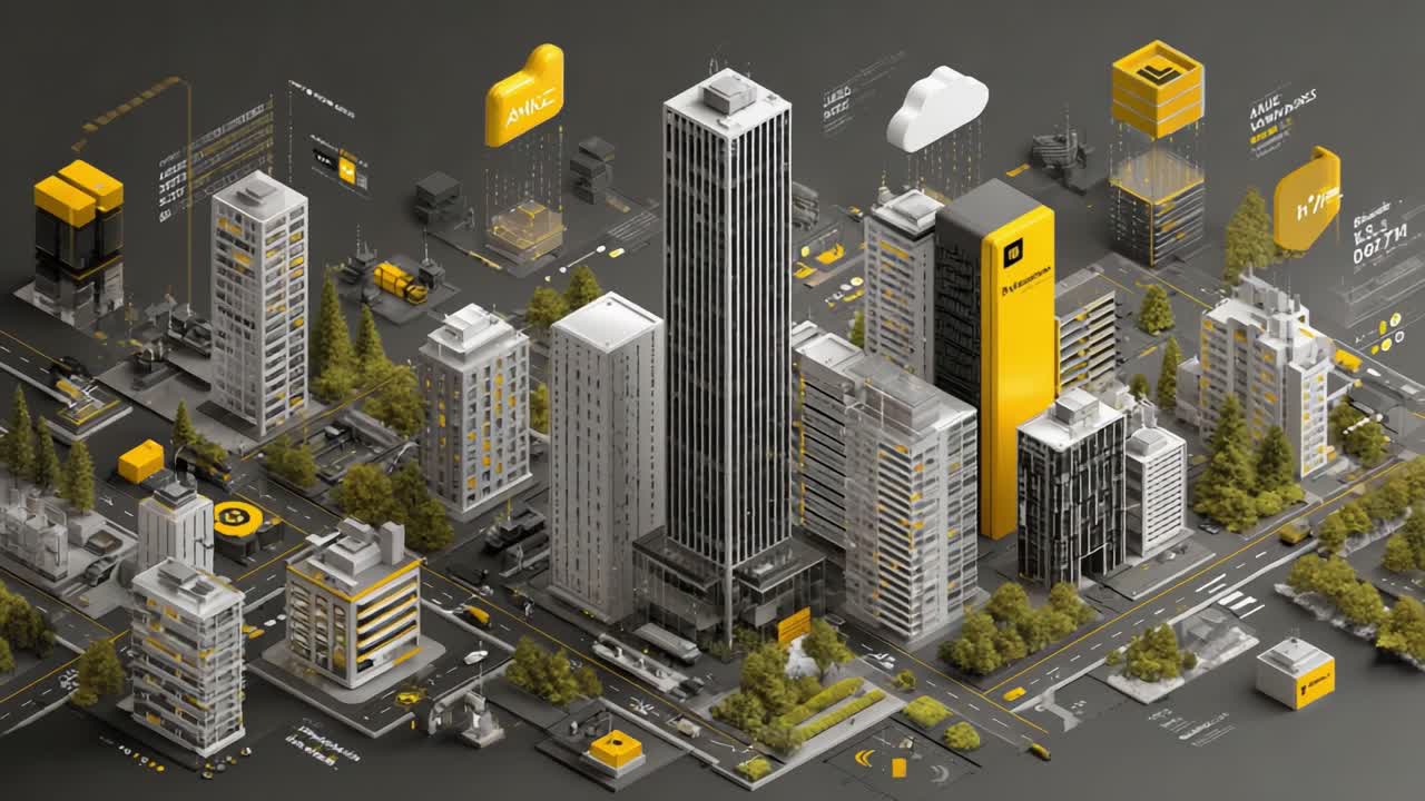 A Modern Urban Landscape Featuring Sleek Skyscrapers and Lush Greenery Enveloped in a Stylish Yellow and Gray Color Palette, Illustrating Dynamic City Life and Development