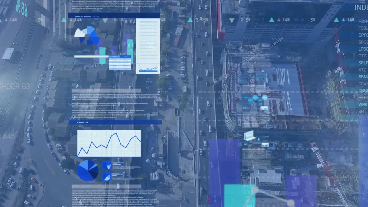 Animation of data processing over cityscape
